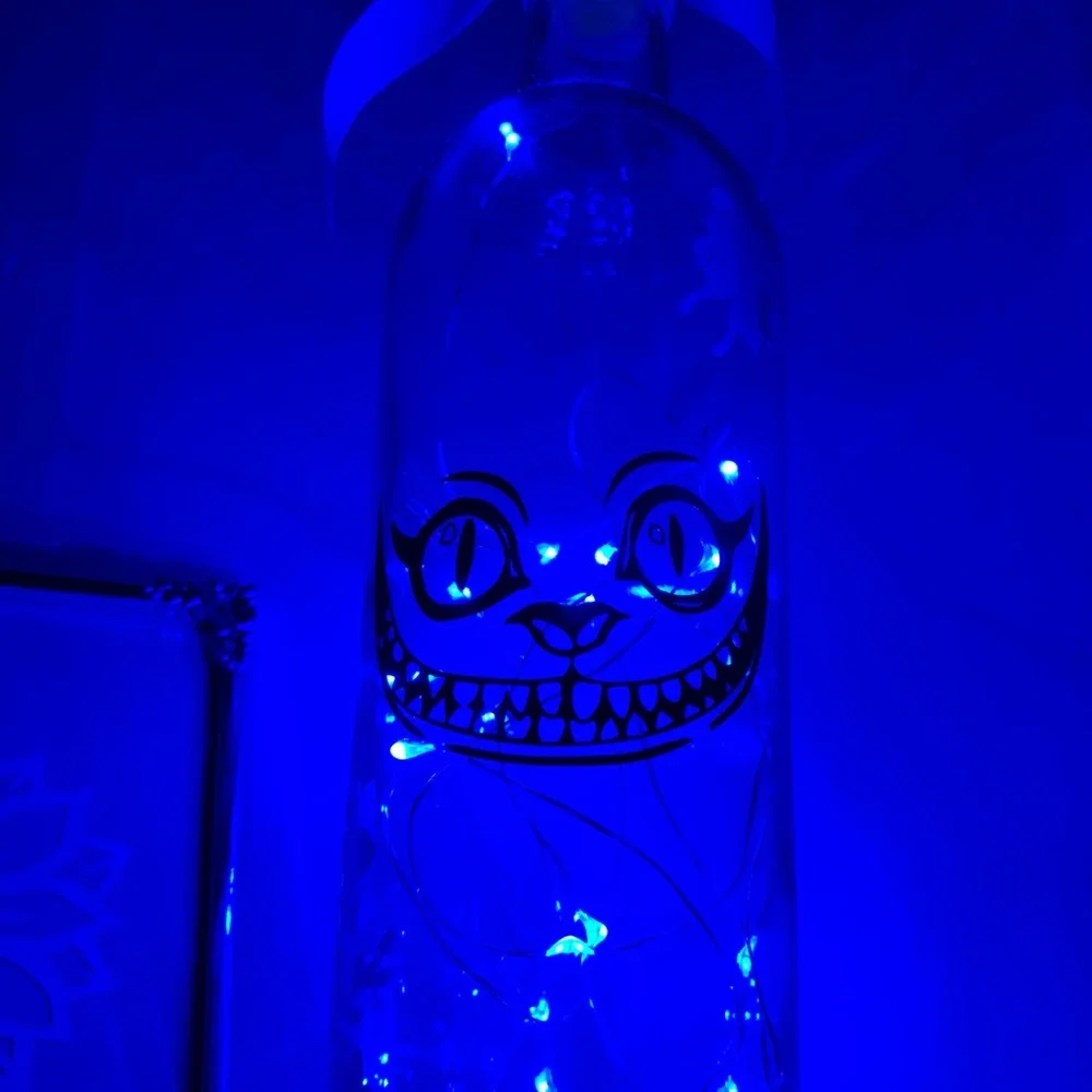 Hand Crafted- Cheshire Cat Smile wine bottle lantern